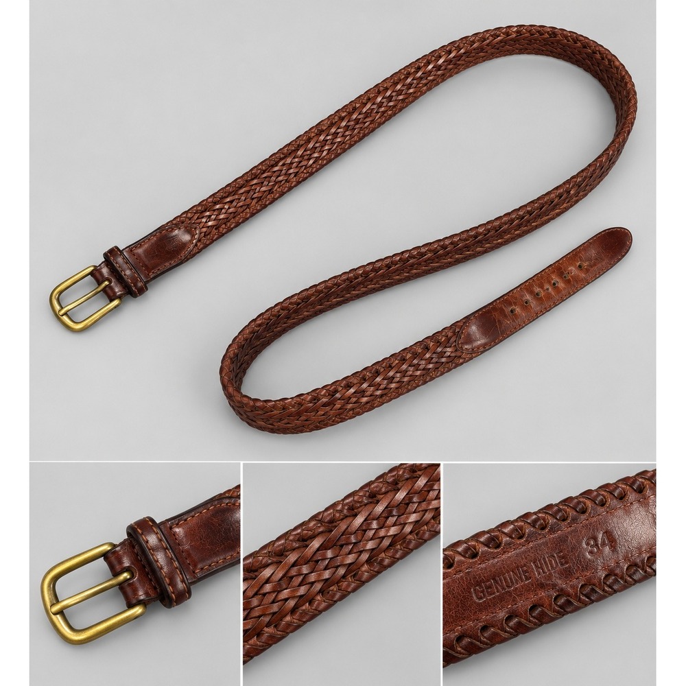 Mens Brown Oil Tanned Cowhide Braided Leather Belt 34 Whipstitch Brass Buckle